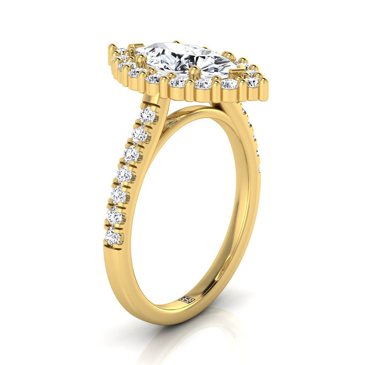 Shared Prong Halo Marquise, in 18K Yellow Gold – side profile | RockHer