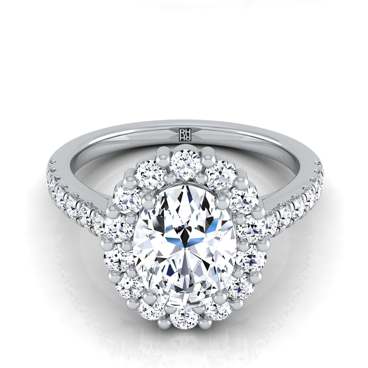Shared Prong Halo Oval, in 18K White Gold | RockHer