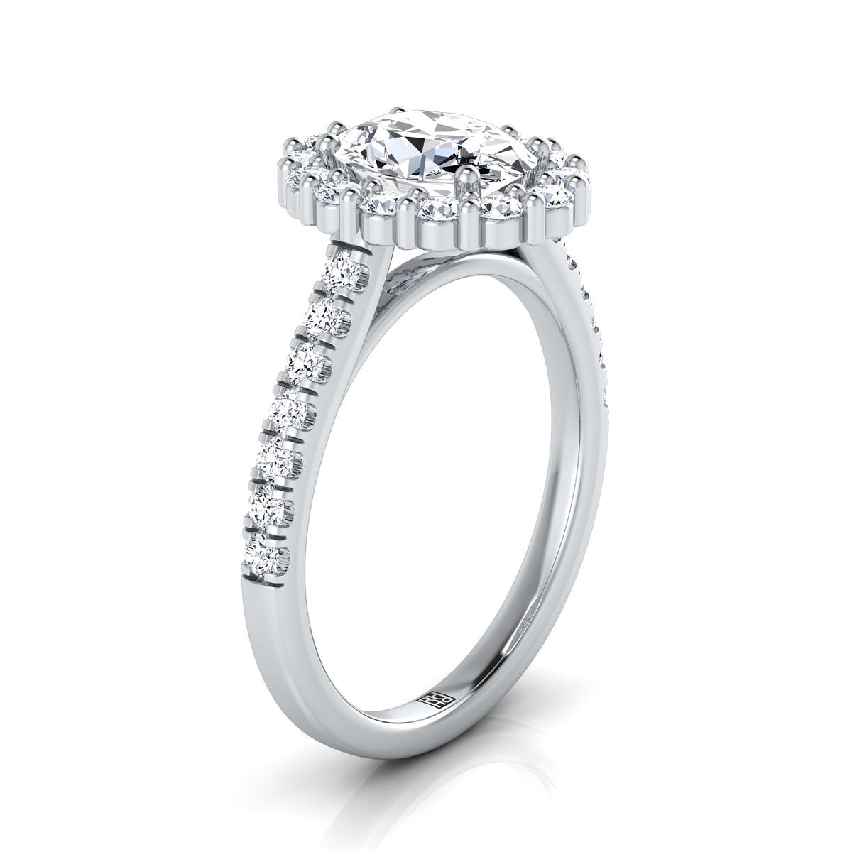 แหวนหมั้นเพชรทรงรี 18K ทองขาว แบบหนามเตยร่วม โคมล้อม - 5/8 กะรัตรวม