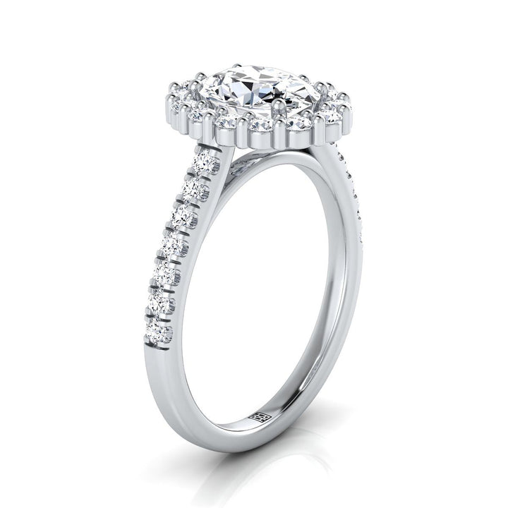 แหวนหมั้นเพชรทรงรี 18K ทองขาว แบบหนามเตยร่วม โคมล้อม - 5/8 กะรัตรวม