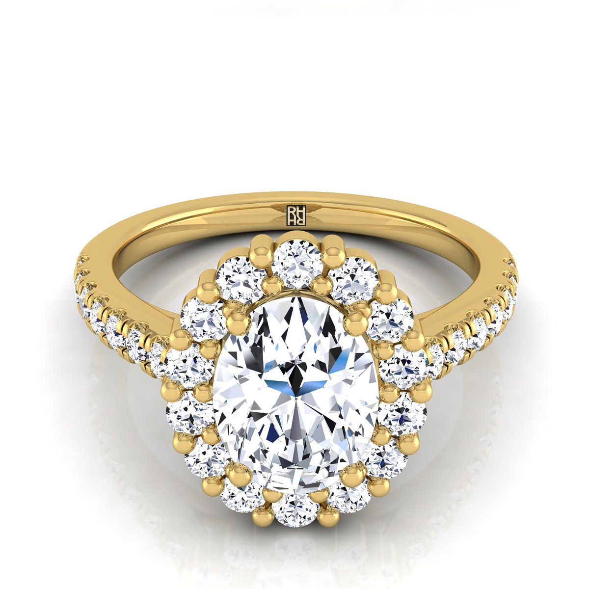 แหวนหมั้นทองคำเหลือง 18K รูปไข่ ประดับเพชรแบบหนีบร่วม โคมล้อม - 5/8 กะรัตรวม