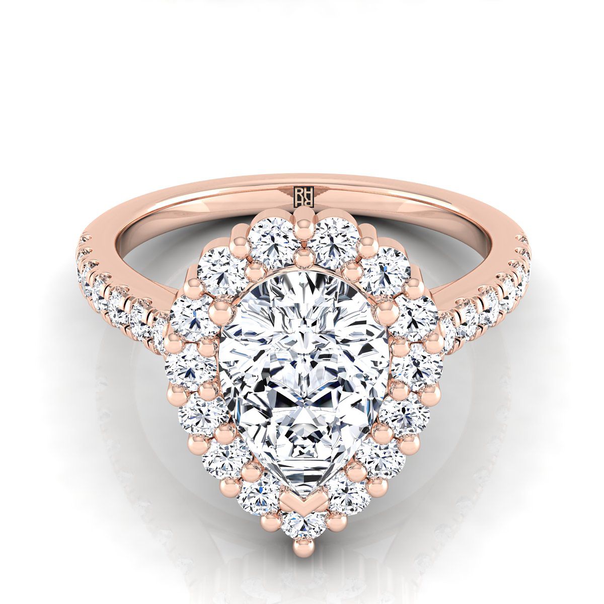 Shared Prong Halo Pear Shape, in 14K Rose Gold | RockHer