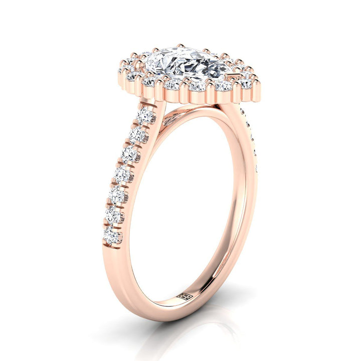 Shared Prong Halo Pear Shape, in 14K Rose Gold – side profile | RockHer