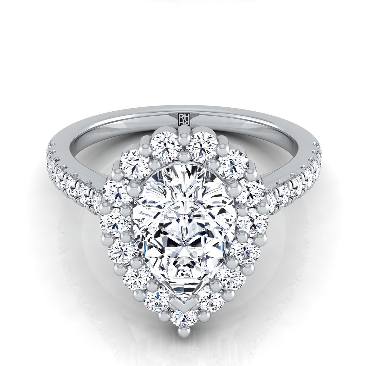 14K White Gold Pear Shape Center Diamond Shared Prong Halo Engagement Ring -5/8ctw