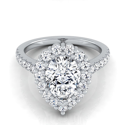 14K White Gold Pear Shape Center Diamond Shared Prong Halo Engagement Ring -5/8ctw