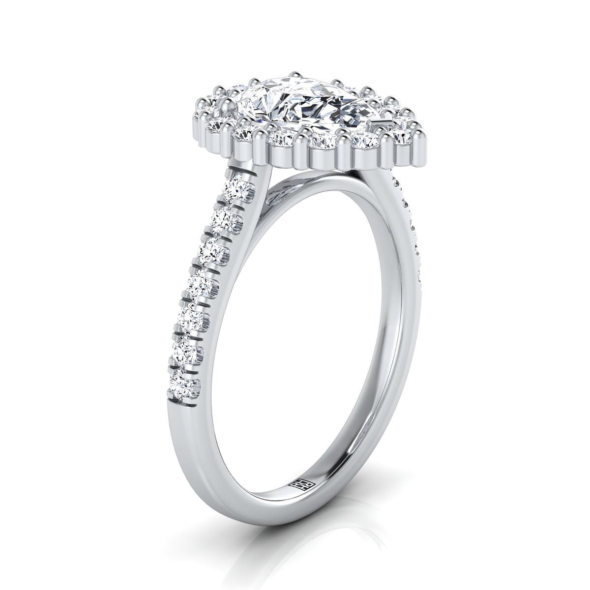 Shared Prong Halo Pear Shape, in 18K White Gold – side profile | RockHer