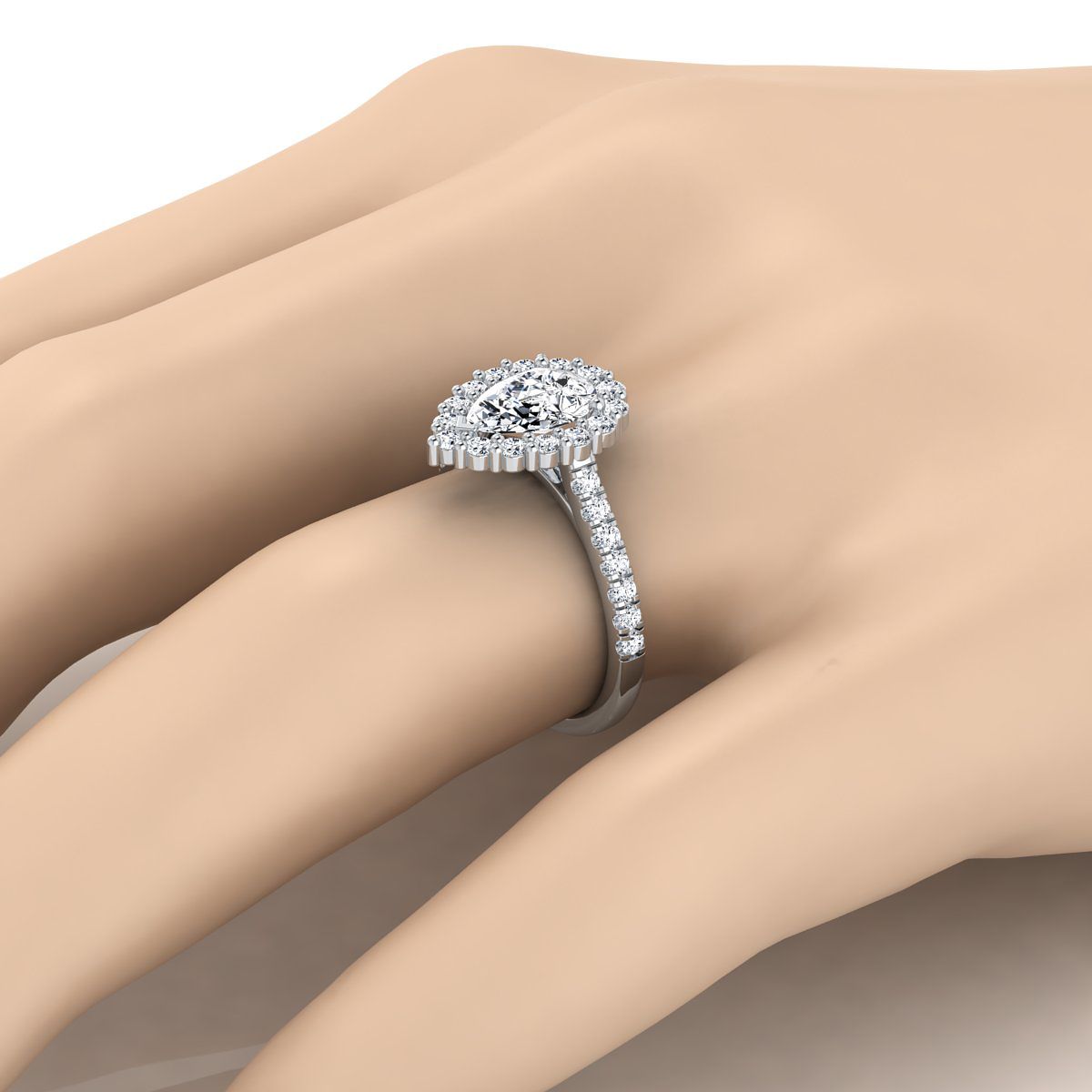 Shared Prong Halo Pear Shape, in 18K White Gold – detail view | RockHer