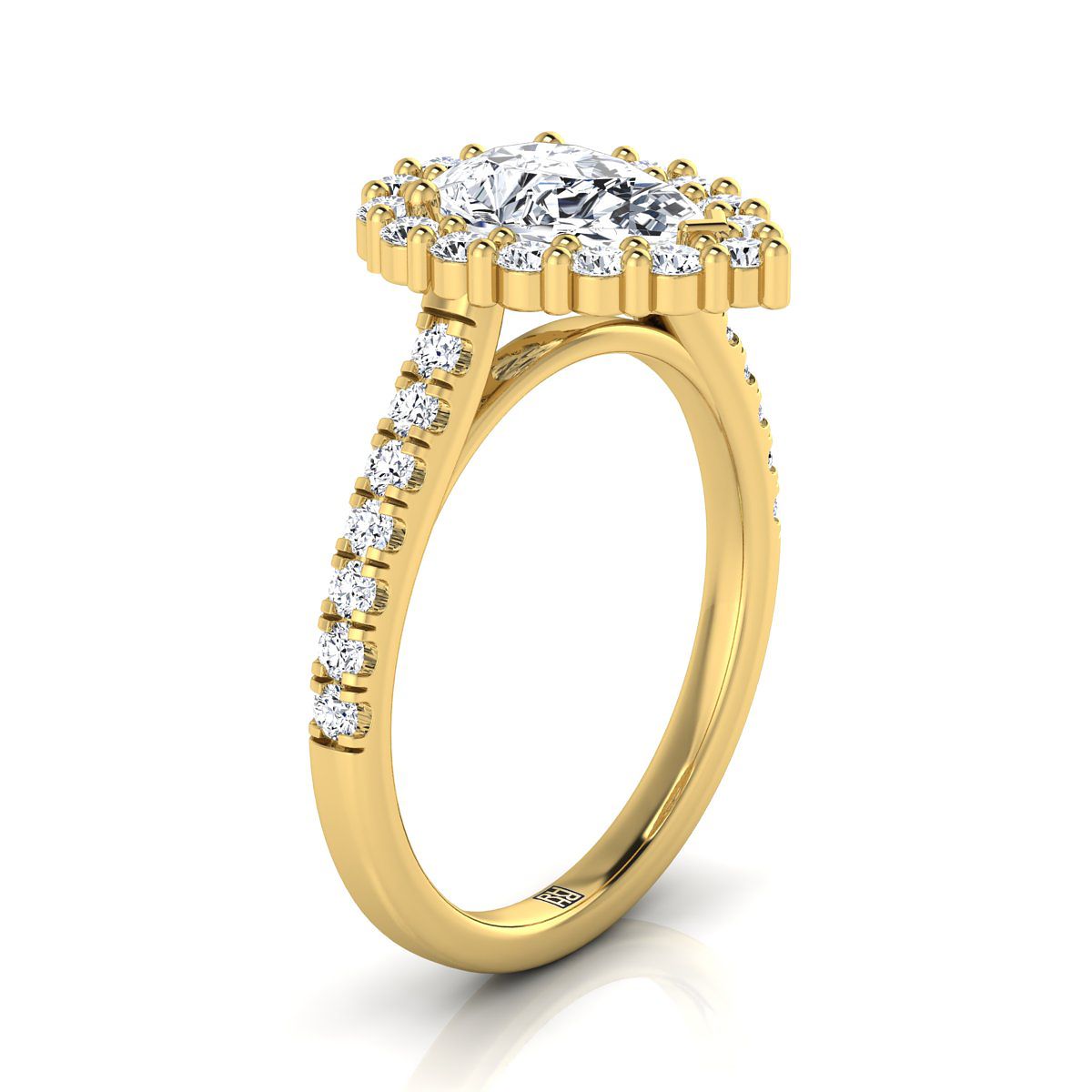 Shared Prong Halo Pear Shape, in 18K Yellow Gold – side profile | RockHer