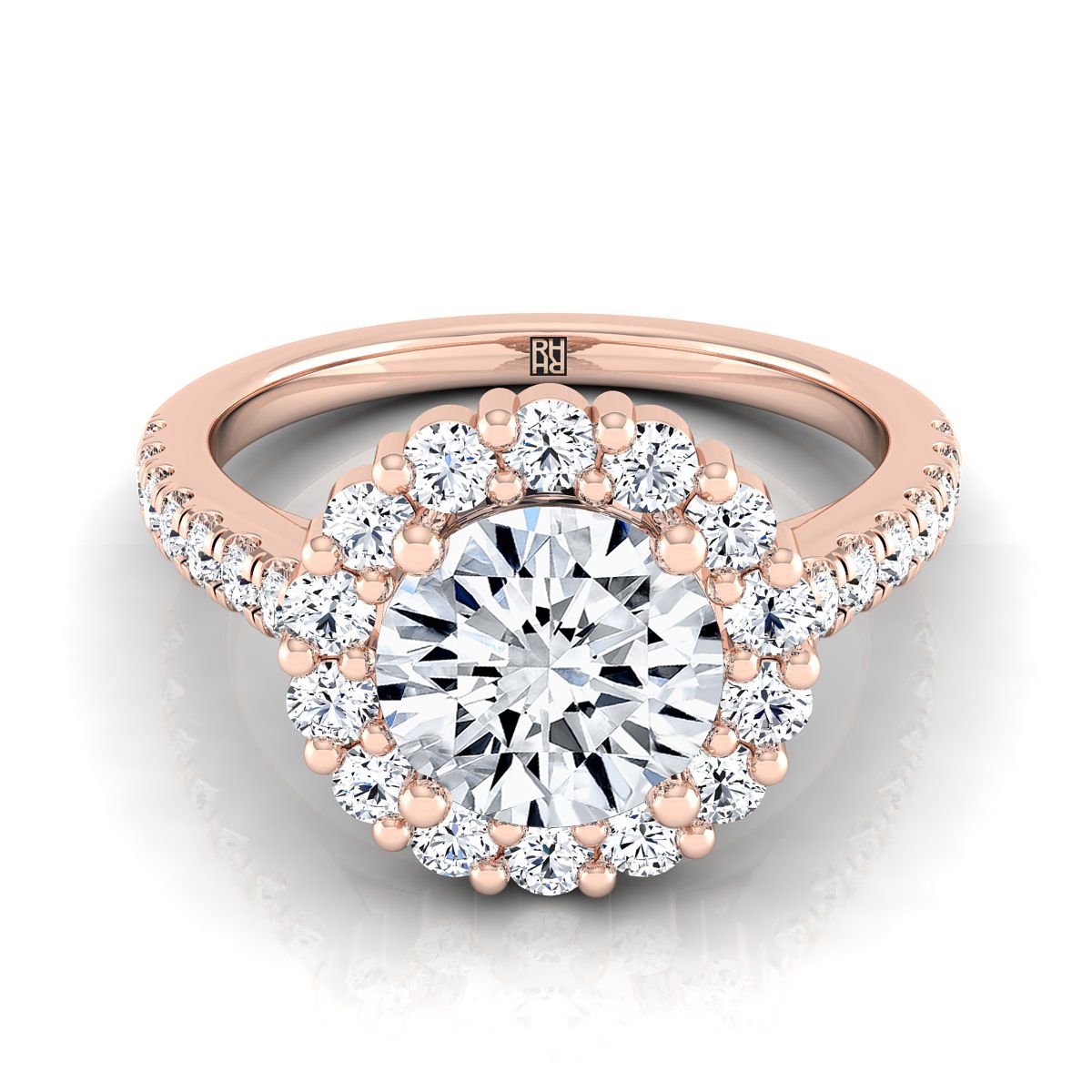 Round Brilliant, Shared Prong Halo Round, in 14K Rose Gold | RockHer