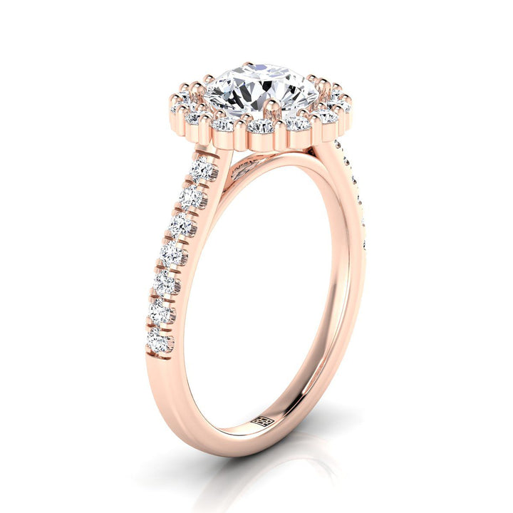แหวนหมั้นเพชรทรงกลมเจียระไนแบบ Brilliant สีโรสโกลด์ 14K แบบ Halo พร้อมหนามเตยร่วม - 5/8 กะรัตรวม