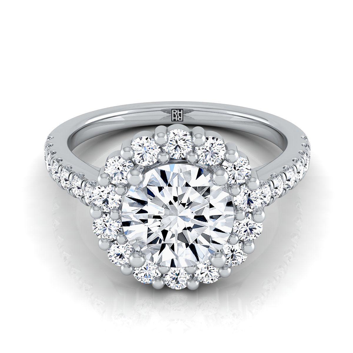Round Brilliant, Shared Prong Halo Round, in Platinum | RockHer