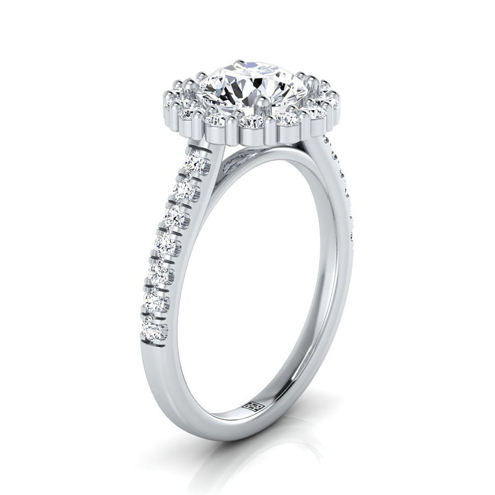 Round Brilliant, Shared Prong Halo Round, in Platinum – side profile | RockHer