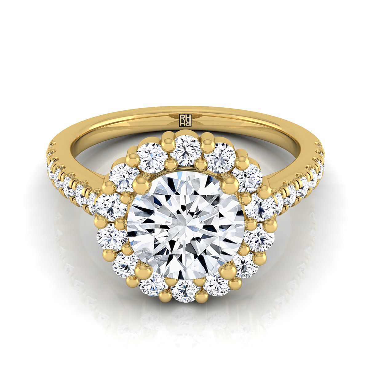 Round Brilliant, Shared Prong Halo Round, in 18K Yellow Gold | RockHer