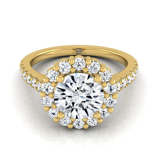 Round Brilliant, Shared Prong Halo Round, in 18K Yellow Gold | RockHer