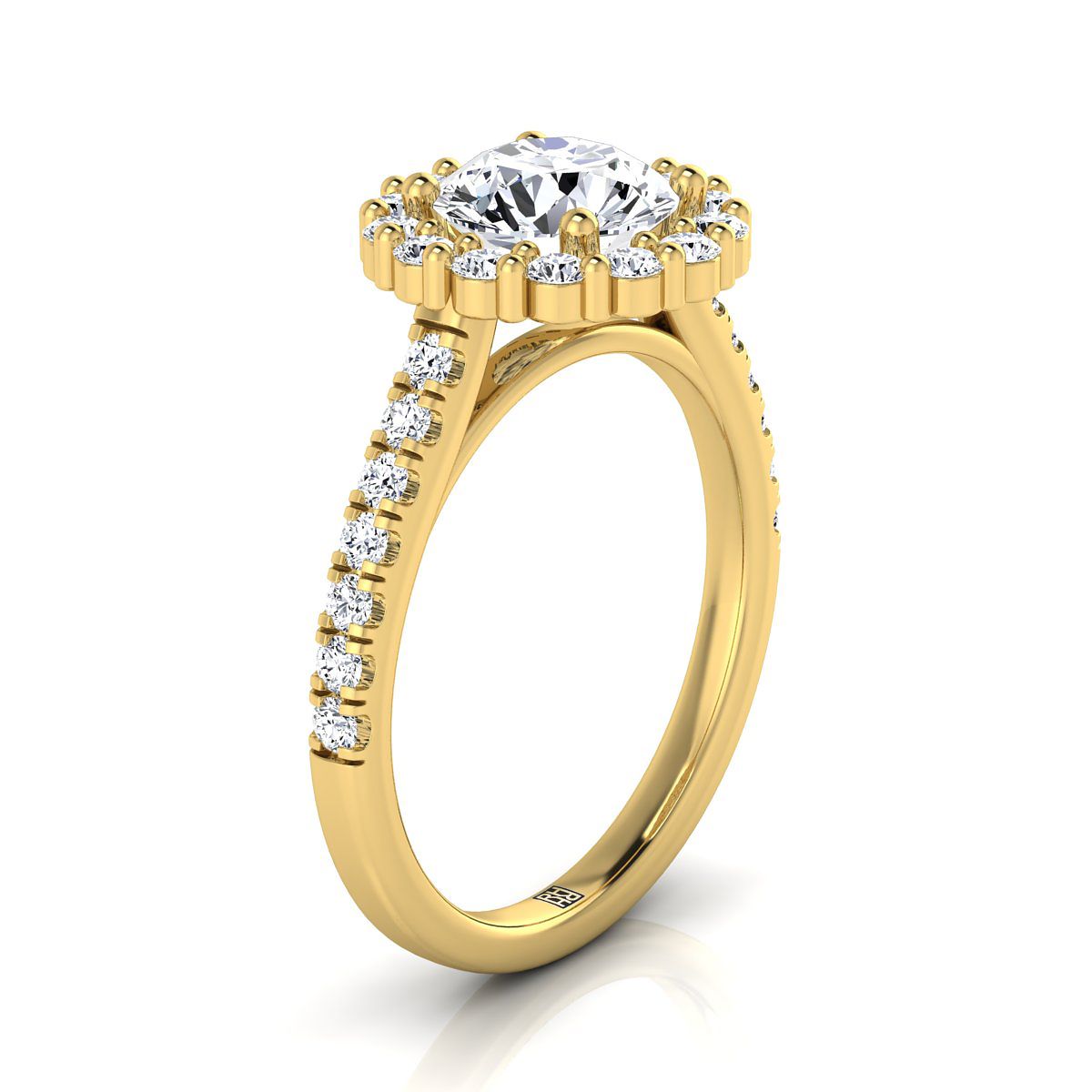 Round Brilliant, Shared Prong Halo Round, in 18K Yellow Gold – side profile | RockHer