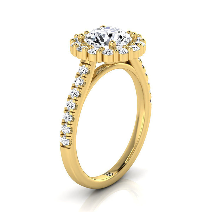 Round Brilliant, Shared Prong Halo Round, in 18K Yellow Gold – side profile | RockHer