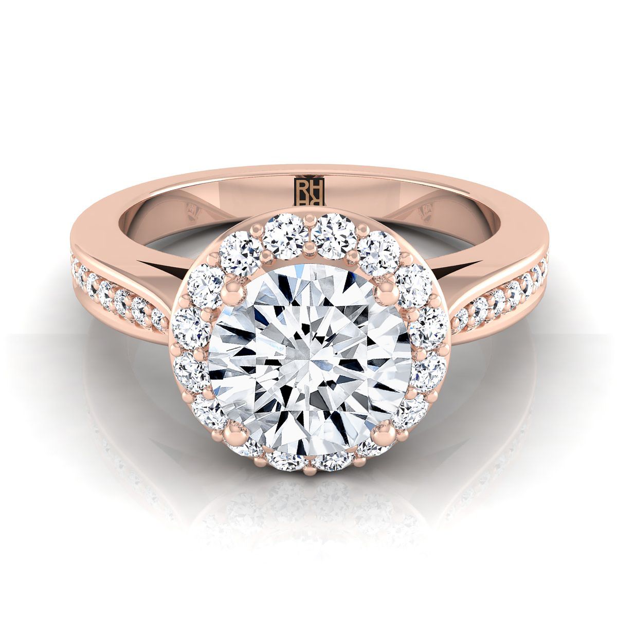 Round Brilliant, Channel Row Pavé Halo, in 14K Rose Gold, prong setting – view 8 | RockHer
