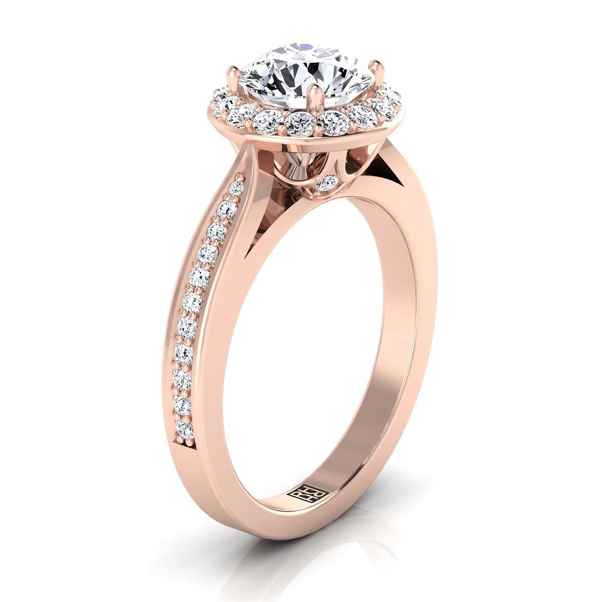 Round Brilliant, Channel Row Pavé Halo, in 14K Rose Gold, prong setting – view 9 | RockHer