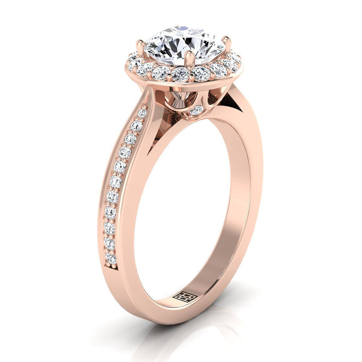 Round Brilliant, Channel Row Pavé Halo, in 14K Rose Gold, prong setting – view 9 | RockHer