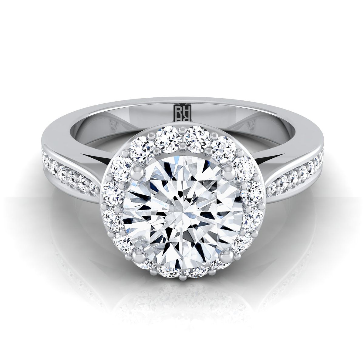 Round Brilliant, Channel Row Pavé Halo, in Platinum, prong setting – view 8 | RockHer