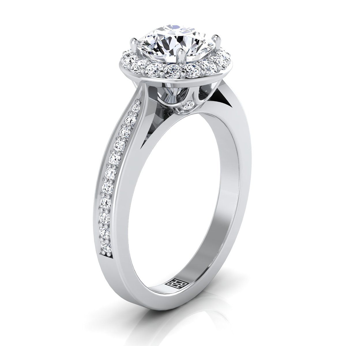 Round Brilliant, Channel Row Pavé Halo, in 18K White Gold, prong setting – view 9 | RockHer