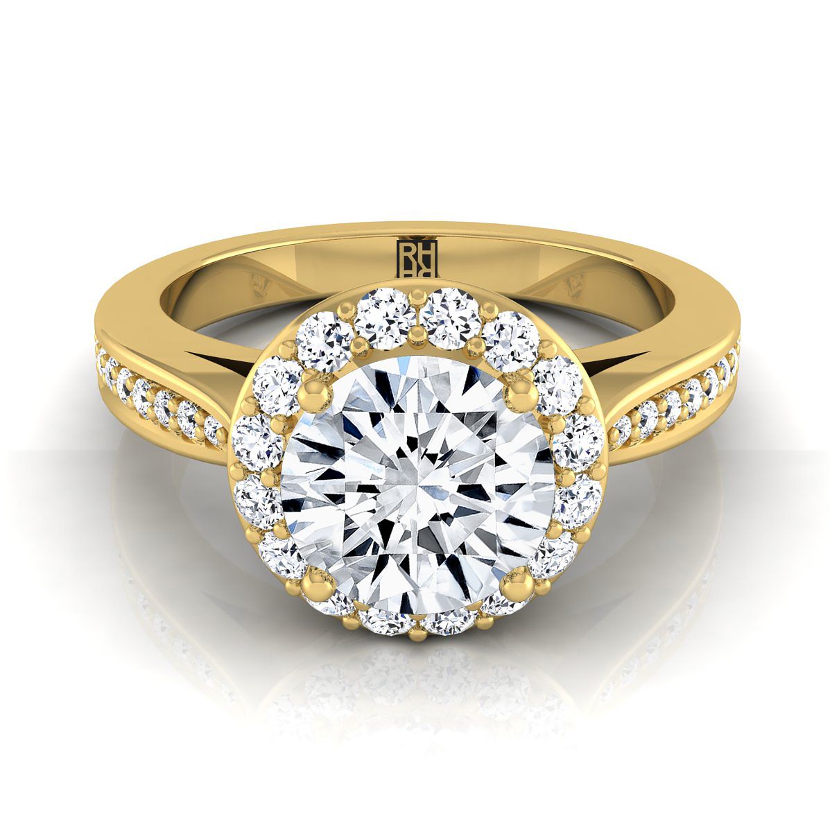 Round Brilliant, Channel Row Pavé Halo, in 18K Yellow Gold, prong setting – view 8 | RockHer