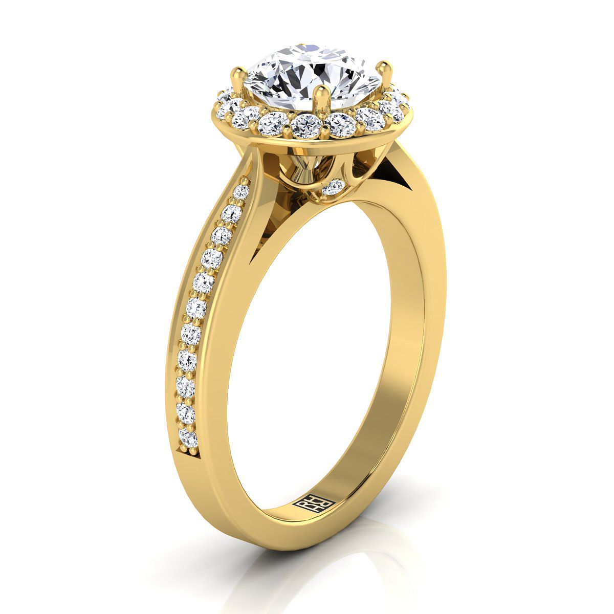 Round Brilliant, Channel Row Pavé Halo, in 18K Yellow Gold, prong setting – view 9 | RockHer