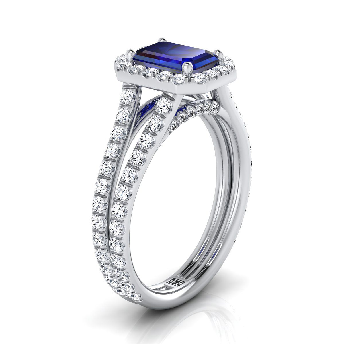 แหวนหมั้นทองคำขาว 14K ประดับไพลินทรงสี่เหลี่ยมมรกต ฝรั่งเศสประดับเพชรแบบแยกชิ้นและฮาโลว์เพชร - 5/8ctw