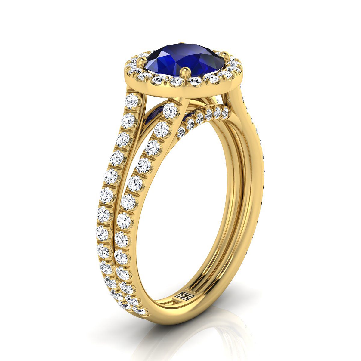 แหวนหมั้นทองคำเหลือง 18K ทรงกลมเจียระไนแบบ Brilliant ประดับแซฟไฟร์แบบ Halo พร้อมเพชร Pavé สองแถวและแยกชิ้น - 7/8ctw