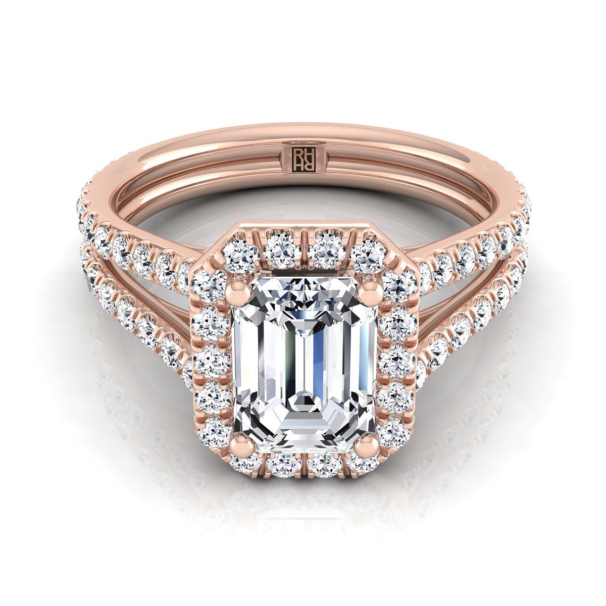 European Cut, Two Row Pavé Split Shank Halo Emerald, in 14K Rose Gold, pave setting | RockHer