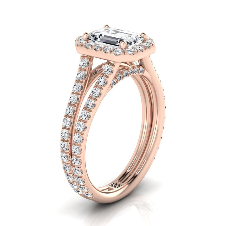 European Cut, Two Row Pavé Split Shank Halo Emerald, in 14K Rose Gold, pave setting – side profile | RockHer