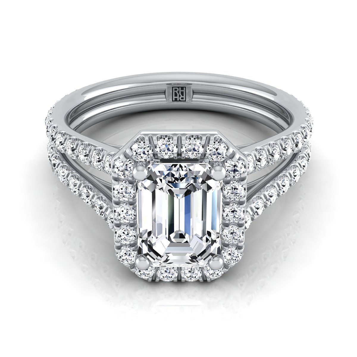 European Cut, Two Row Pavé Split Shank Halo Emerald, in Platinum, pave setting | RockHer