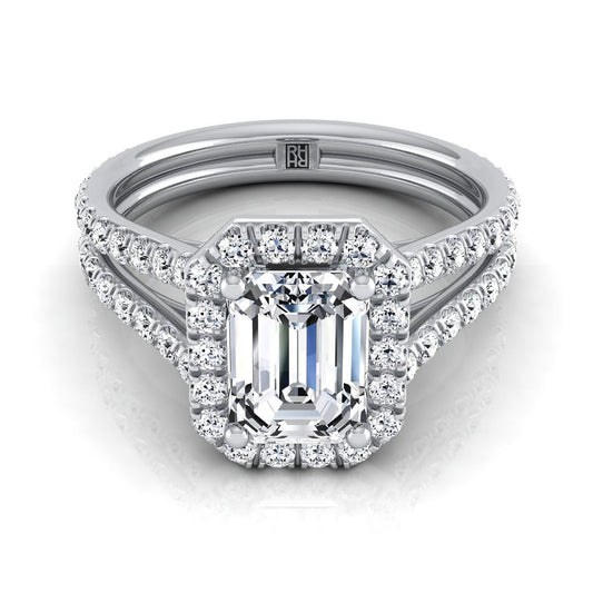 European Cut, Two Row Pavé Split Shank Halo Emerald, in 18K White Gold, pave setting | RockHer