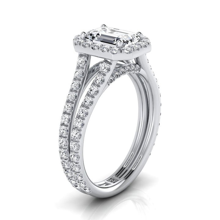 European Cut, Two Row Pavé Split Shank Halo Emerald, in 18K White Gold, pave setting – side profile | RockHer