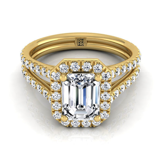 European Cut, Two Row Pavé Split Shank Halo Emerald, in 18K Yellow Gold, pave setting | RockHer