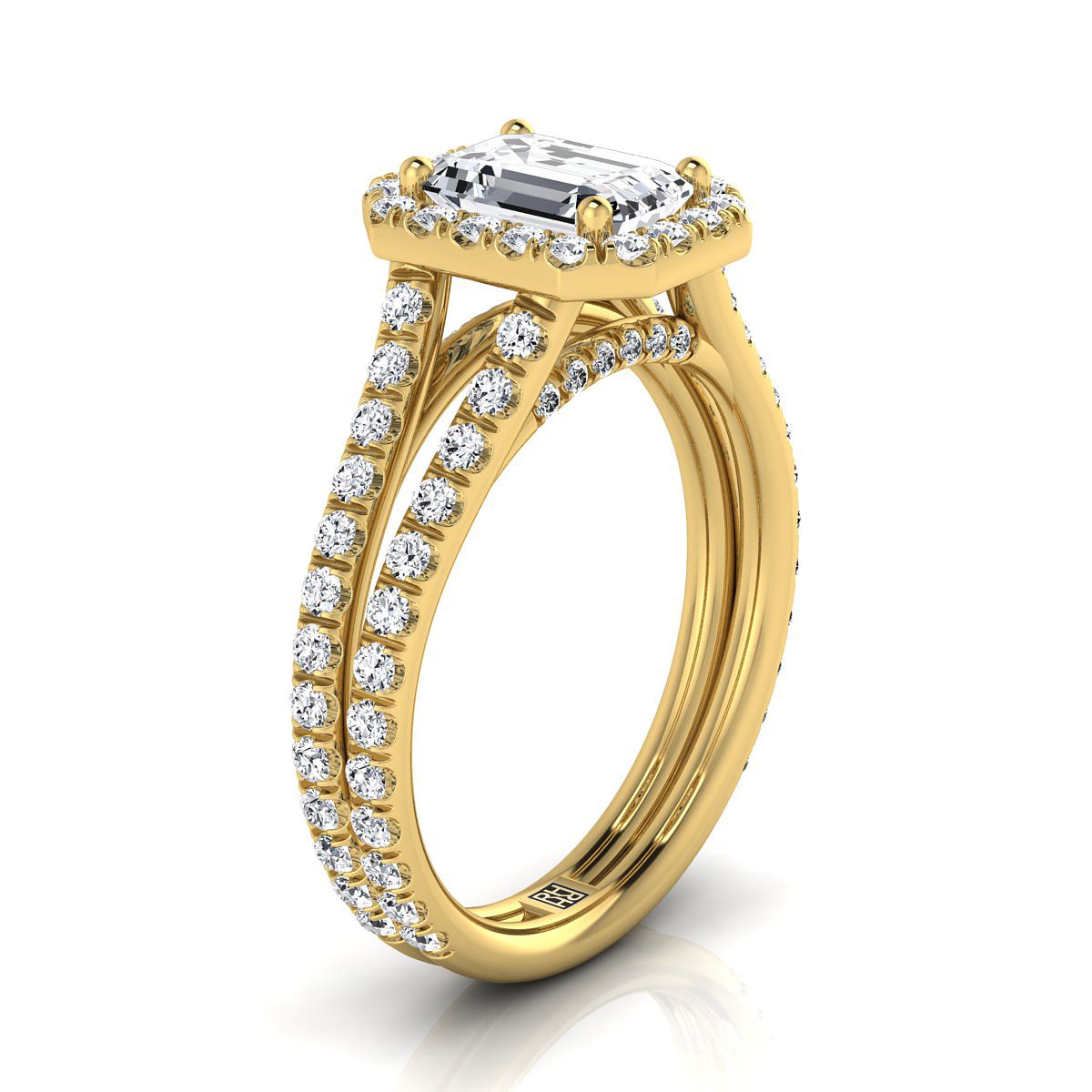 แหวนหมั้นทองคำเหลือง 14K ประดับเพชรทรงสี่เหลี่ยมมรกต พร้อมฮาโลสองแถวและชานแยกน้ำหนักรวม 7/8 กะรัต