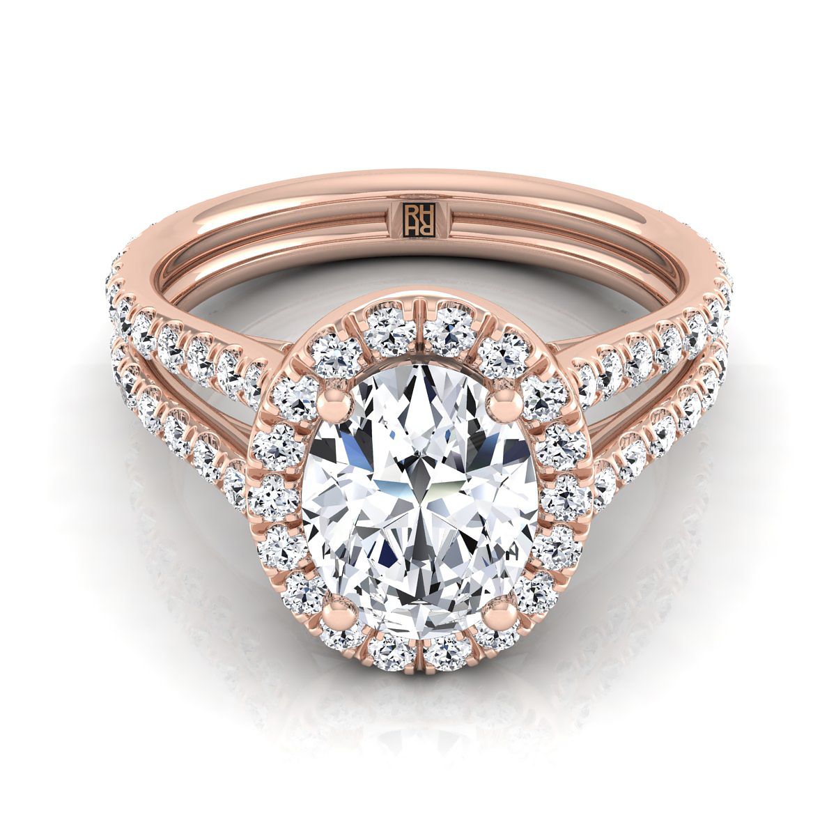 Two Row Pavé Split Shank Halo Oval, in 14K Rose Gold, pave setting | RockHer