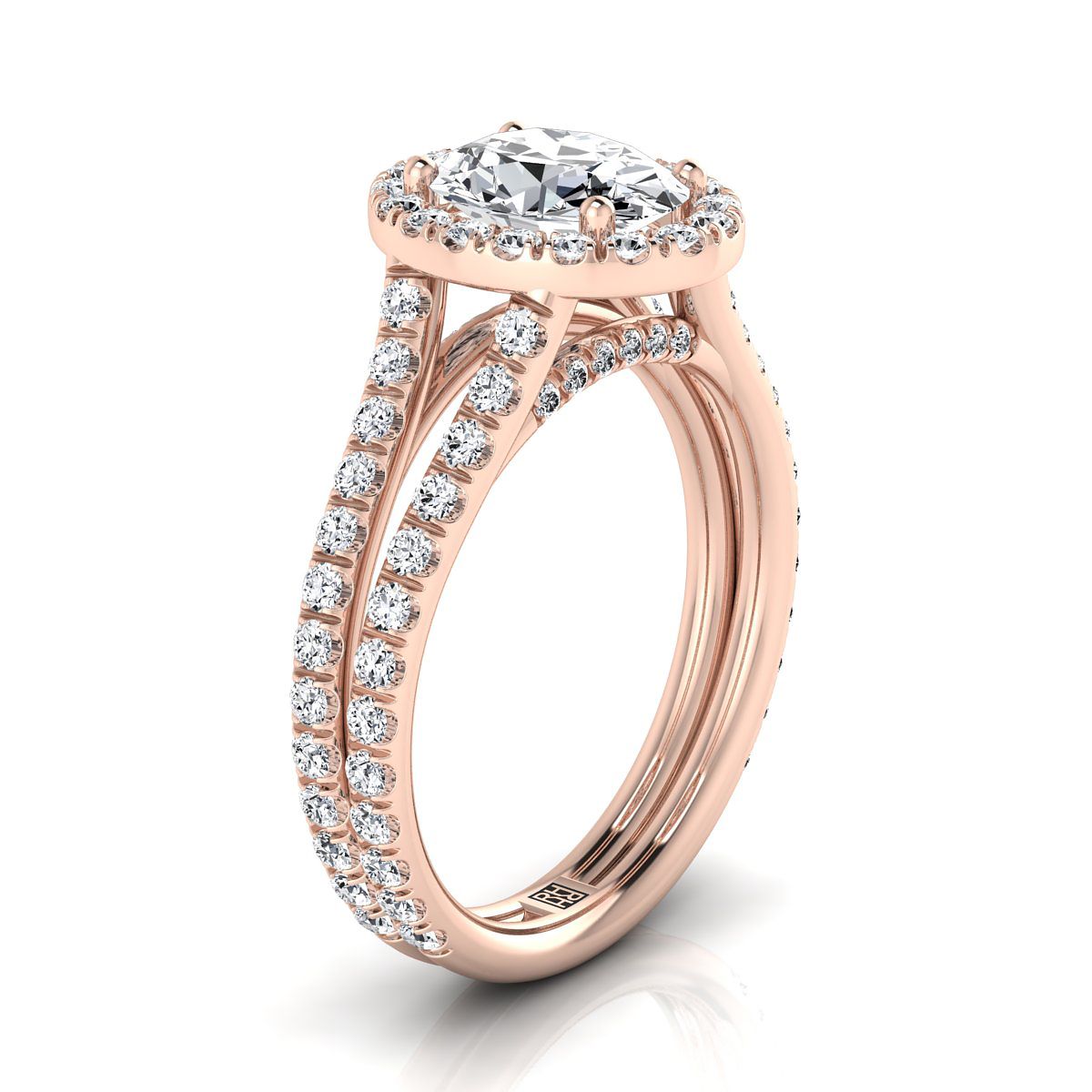 Two Row Pavé Split Shank Halo Oval, in 14K Rose Gold, pave setting – side profile | RockHer
