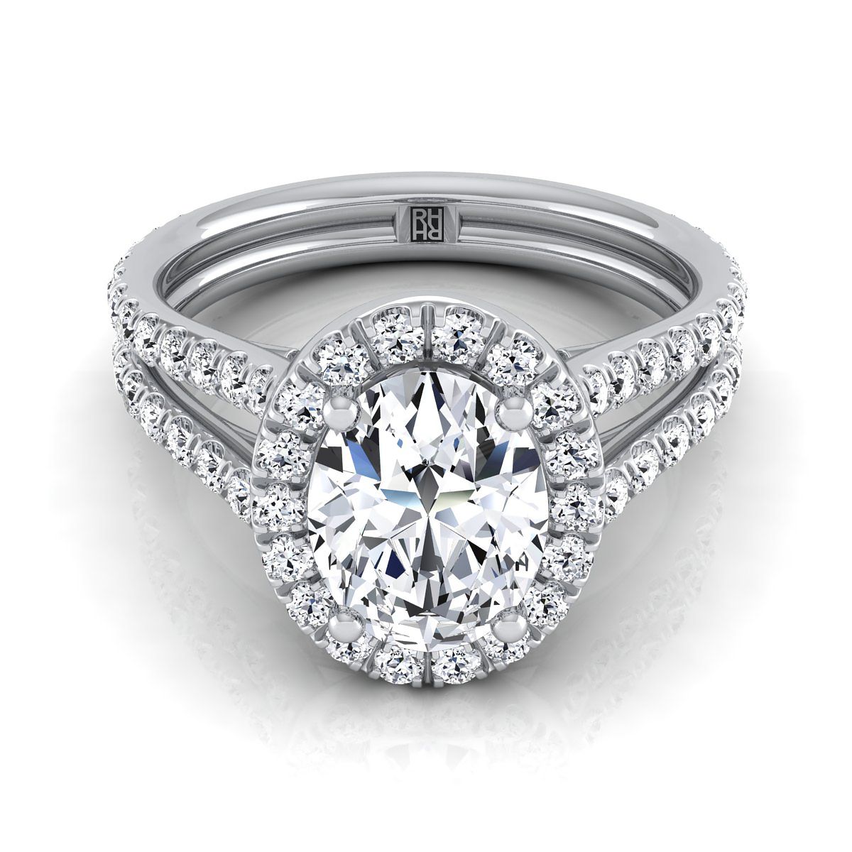 Two Row Pavé Split Shank Halo Oval, in 18K White Gold, pave setting | RockHer