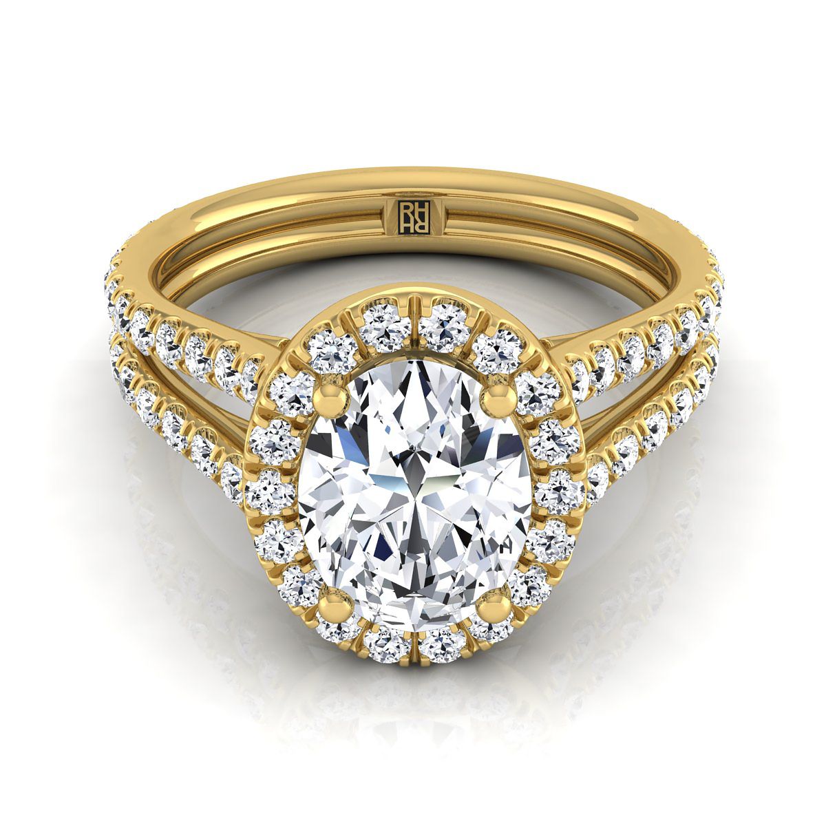 Two Row Pavé Split Shank Halo Oval, in 18K Yellow Gold, pave setting | RockHer