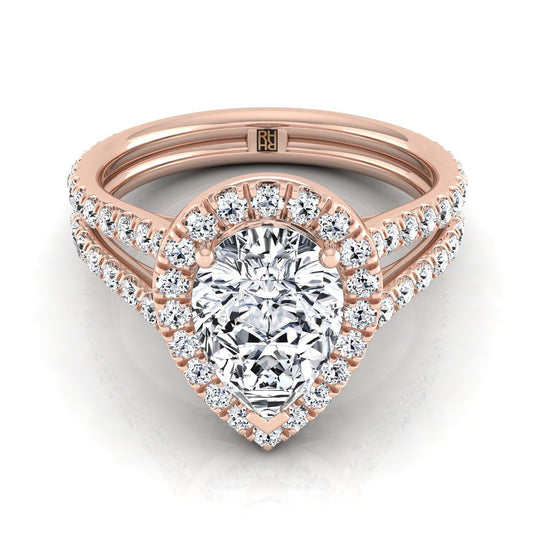 Two Row Pavé Split Shank Halo Pear Shape, in 14K Rose Gold, pave setting | RockHer