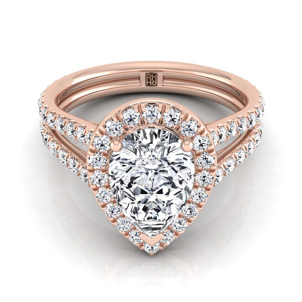 14K Rose Gold Pear Shape Center Diamond Halo Two Row Pavé Split Shank Engagement Ring -7/8ctw