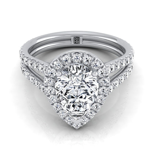 Two Row Pavé Split Shank Halo Pear Shape, in Platinum, pave setting | RockHer