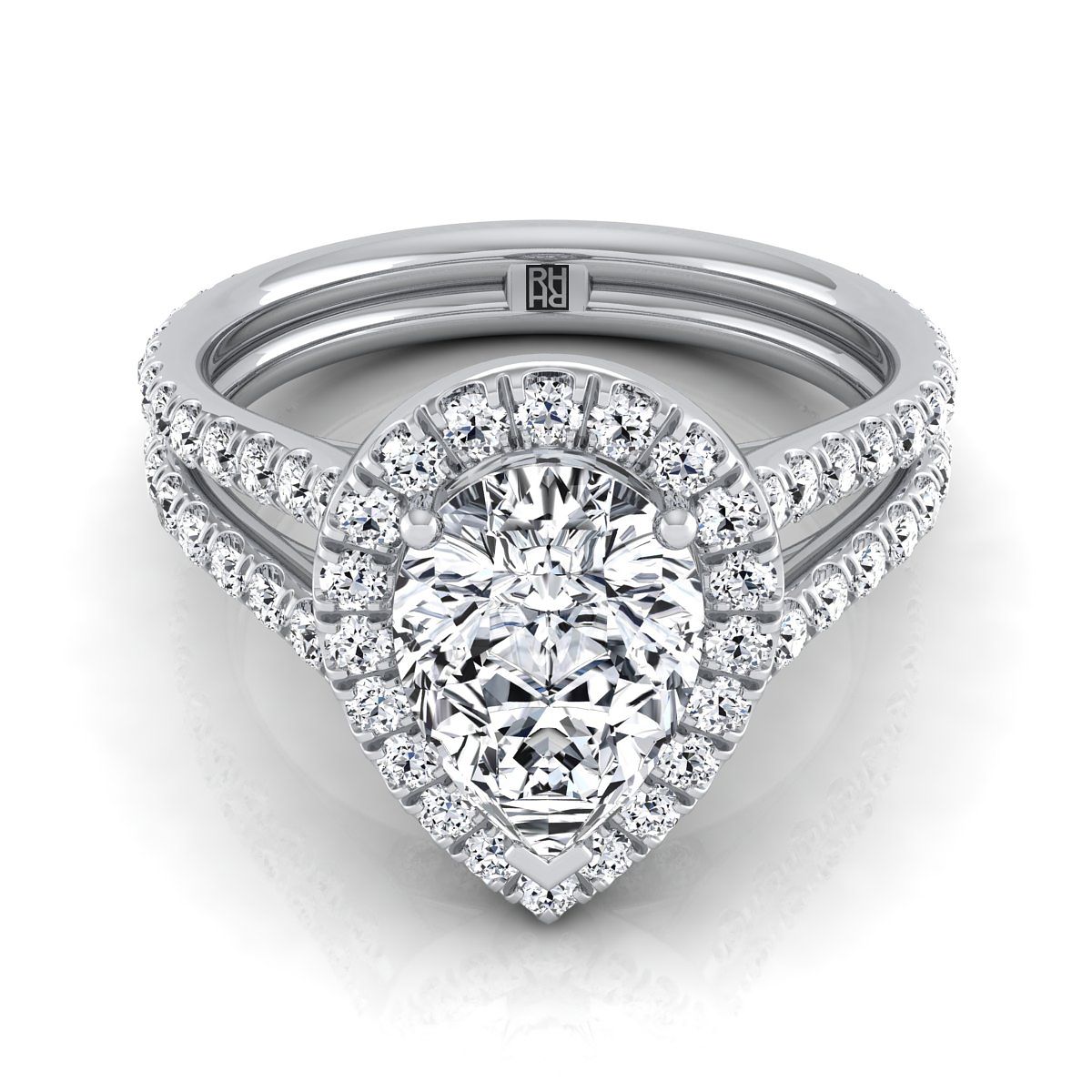Two Row Pavé Split Shank Halo Pear Shape, in 18K White Gold, pave setting | RockHer
