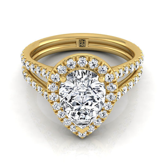 Two Row Pavé Split Shank Halo Pear Shape, in 18K Yellow Gold, pave setting | RockHer