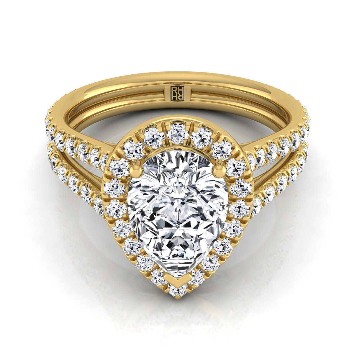 18K Yellow Gold Pear Shape Center Diamond Halo Two Row Pavé Split Shank Engagement Ring -7/8ctw