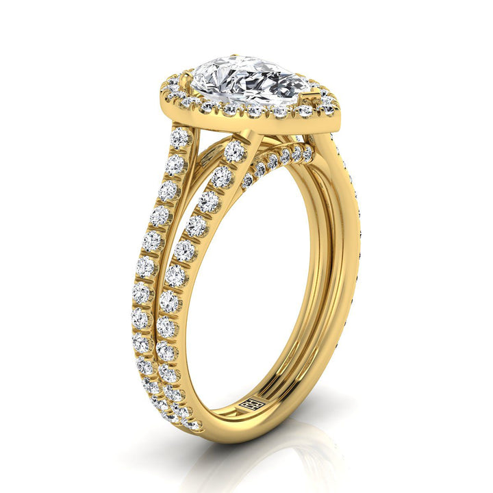 18K Yellow Gold Pear Shape Center Diamond Halo Two Row Pavé Split Shank Engagement Ring -7/8ctw