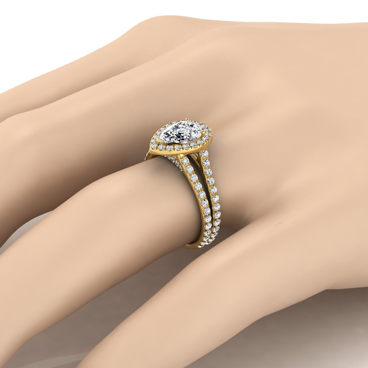 Two Row Pavé Split Shank Halo Pear Shape, in 18K Yellow Gold, pave setting – detail view | RockHer