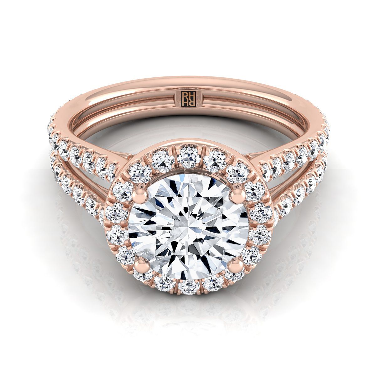 Round Brilliant, Two Row Pavé Split Shank Halo, in 14K Rose Gold, pave setting | RockHer
