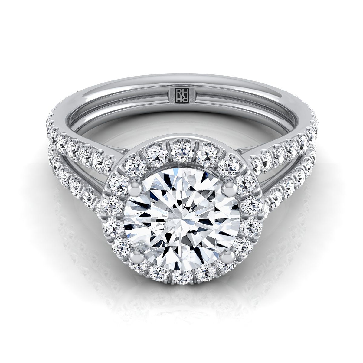 Round Brilliant, Two Row Pavé Split Shank Halo, in 18K White Gold, pave setting – view 8 | RockHer